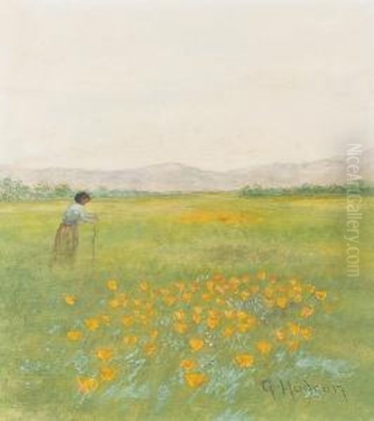 A Woman Walking In A Field Of Poppies; A Woman Walking In A Forest Clearing (a Pair) Oil Painting by Grace Carpenter Hudson