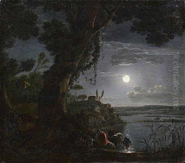 Voyageurs Traversant La Riviere Au Clair De Lune Oil Painting by Jean-Francois Hue