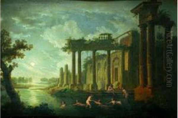 Baigneuses Pres D'un Lac Au Bord Des Ruines D'un Temple Antique Au Clair De Lune Oil Painting by Jean-Francois Hue