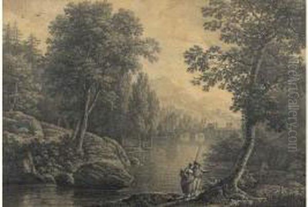 La Promenade Au Bord De La Riviere Oil Painting by Jean-Francois Hue