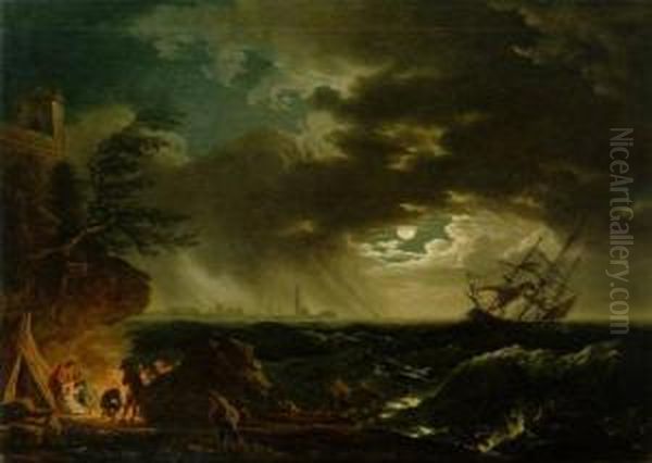 Shipwreck In Stormy Seas With Survivors At A Campfire Oil Painting by Jean-Francois Hue