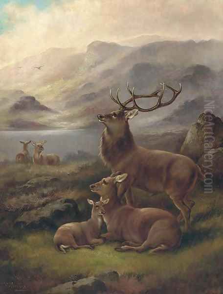 A stag with hinds by a loch 2 Oil Painting by Robert Cleminson