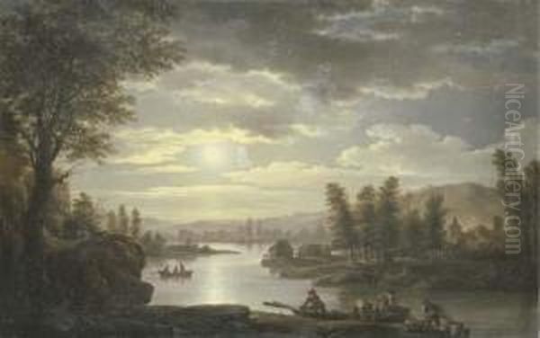 A Moonlit River Landscape Oil Painting by Jean-Francois Hue