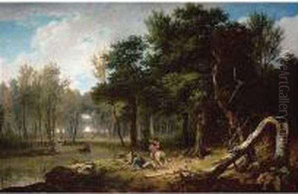 Wooded Landscape With Huntsmen Resting In A Glade Beside A Pond Oil Painting by Jean-Francois Hue