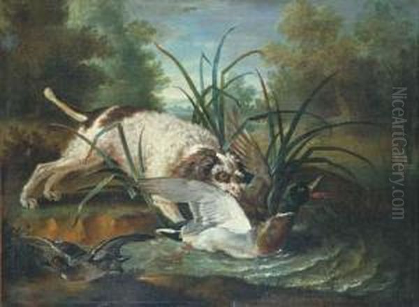 A Spaniel Retrieving A Duck From A Pond Oil Painting by Christophe Huet