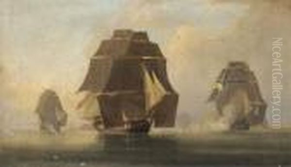 A Blazing Frigate Off A Mediterranean Citadel; And A Napoleonicfrigate Action Oil Painting by James Miller Huggins