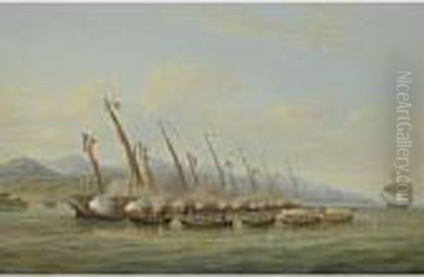 The Boats Of H.m.s Sloop Procris
 (10 Guns) Engaging French Gunboatsoff The Mouth Of The Indramayo, Java Oil Painting by William Huggins