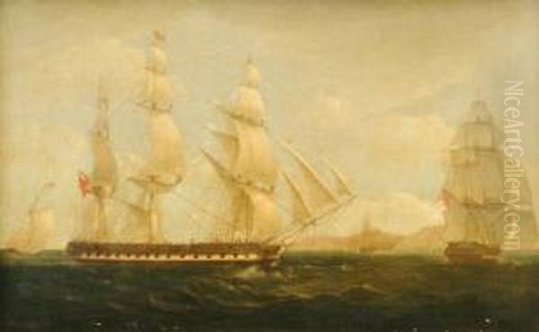 The Eastindiaman Ceres, In Two Positions, Arriving Off St. Helena Oil Painting by William Huggins