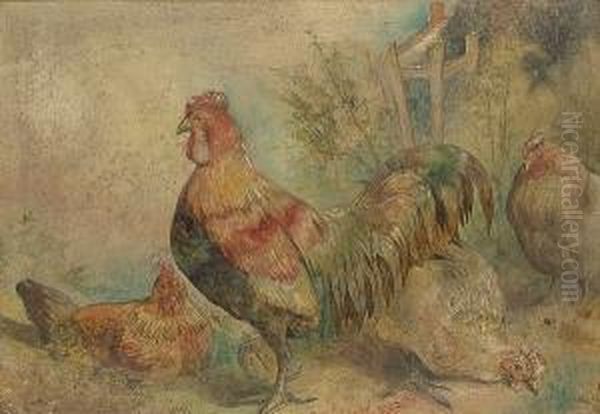 A Cockerel And Three Hens Oil Painting by William Huggins