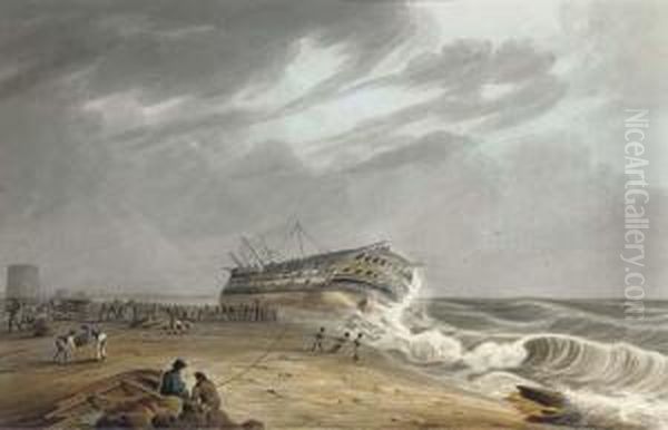 The Honourable [east India] Company's Ship Thames On Shore At Eastbourne Oil Painting by William Huggins