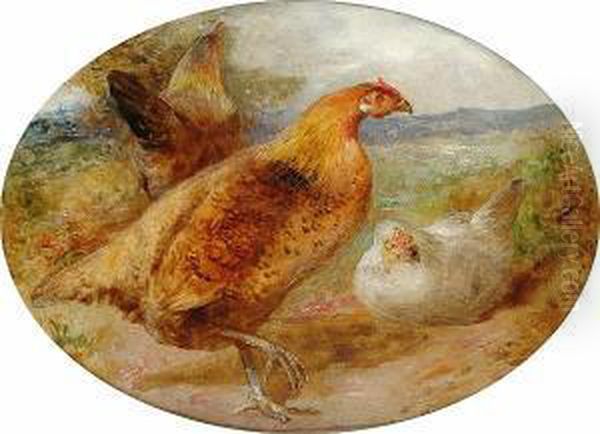 Hens In A Landscape Oil Painting by William Huggins