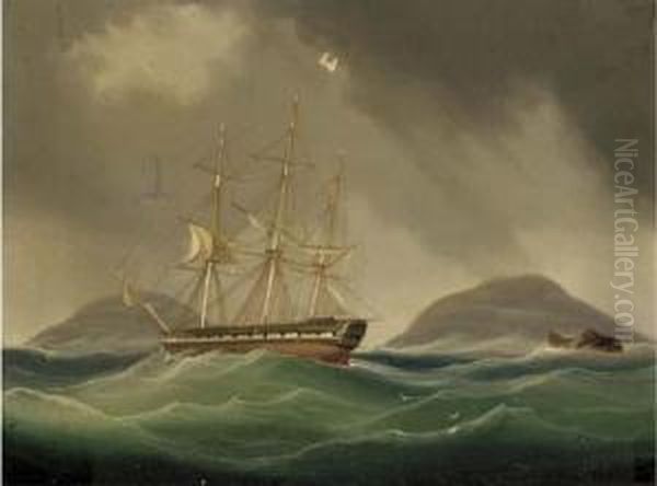 A Frigate Hove-to And Riding Her Anchors In A Gale Oil Painting by William Huggins