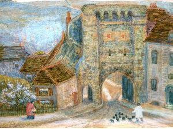 Figures By A Fortified Gate Oil Painting by Arthur Hughes