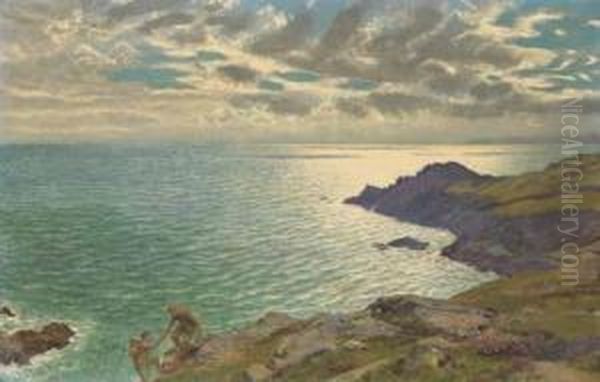 Cliff Searchers Oil Painting by Arthur Hughes