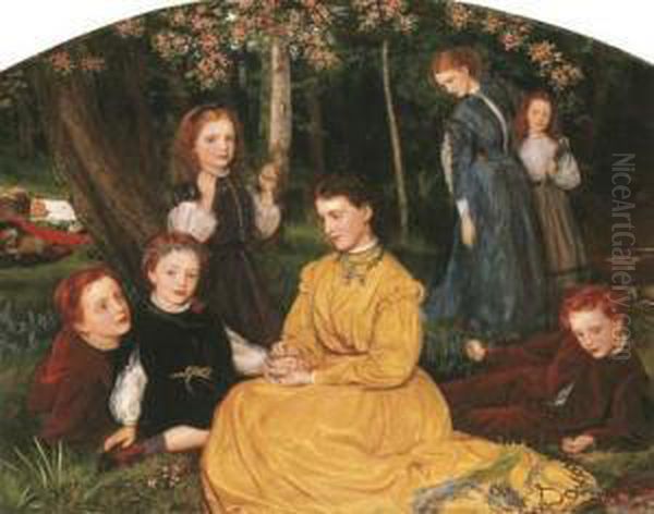 A Birthday Picnic - Portraits Of
 The Children Of William And Anne Pattinson Of Felling, Near Gateshead Oil Painting by Arthur Hughes