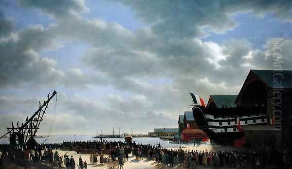 The Launch of 'Le Friedland' at Cherbourg, 4th April 1840, c.1840-54 Oil Painting by Antoine Chazal