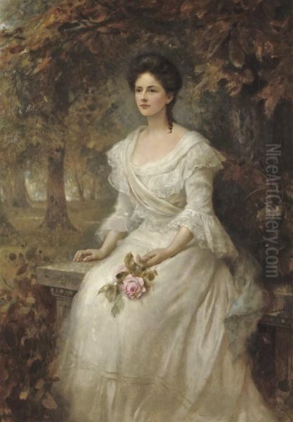 Portrait Of A Lady Holding A Pink Rose Oil Painting by Edward Hughes