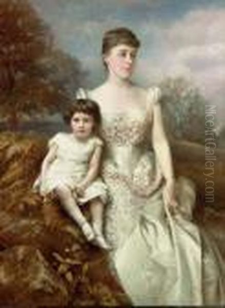 Portrait Of Mrs. Drury Percy Wormald And Her Son In An Autumnal Landscape Oil Painting by Edward Hughes