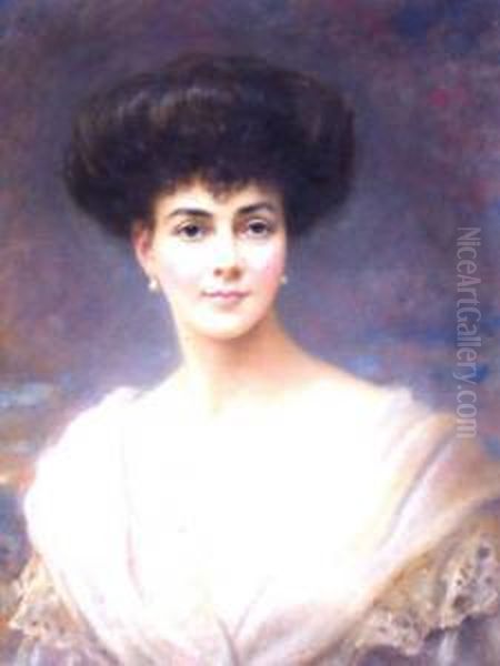 Portrait Of A Lady, Quarter-length In A White Dress With A Landscape Beyond Oil Painting by Edward Hughes