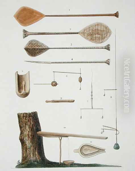 Society Islands: pangas, fishing hooks and other tools, from 'Voyage autour du Monde, executee par Ordre du Roi sur La Corvette de Sa Majeste, La Coquille, pendant les Annees 1822, 1823, 1824 et 1825' Oil Painting by Antoine Chazal