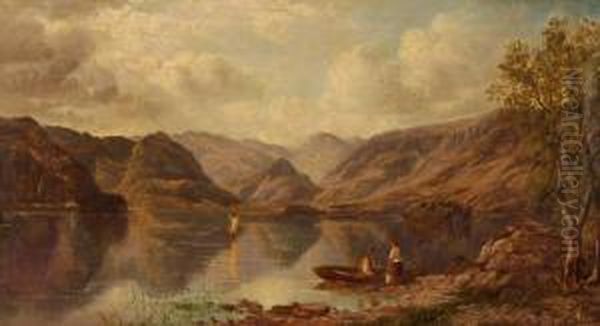 Boats On Derwent Water Oil Painting by John Joseph Hughes