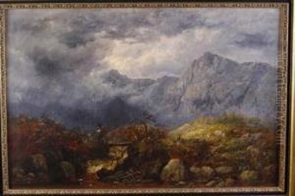 Mountainous Landscape With A Figure Crossing A Bridge In A Storm Oil Painting by John Joseph Hughes