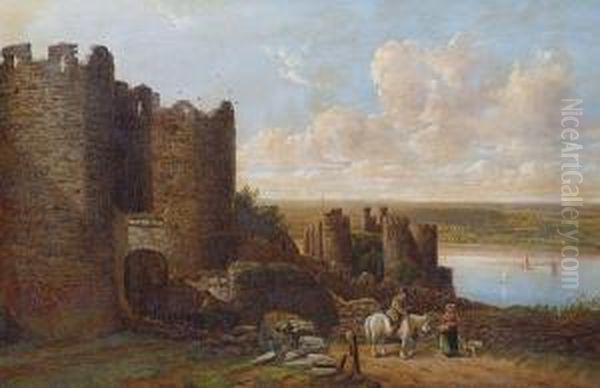 Coastal Castle With Figures And Horse Before, Possibly Conway Castle Oil Painting by John Joseph Hughes