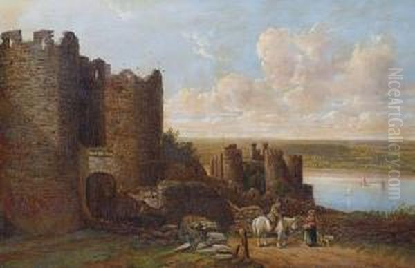 Coastal Castle With Figures And Horse Before Oil Painting by John Joseph Hughes