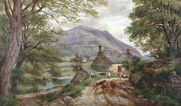 A Welsh Valley Scene With Figures And Cattle By A Cottage Oil Painting by John Joseph Hughes