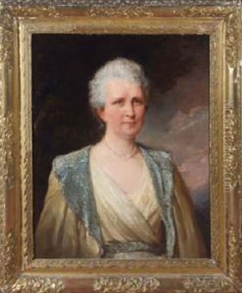 A Bust Portrait Of An Edwardian 
Woman Wearing A Cream Coloureddress Decorated With Silver Thread Against
 A Landscapebackground Oil Painting by Talbot Hughes