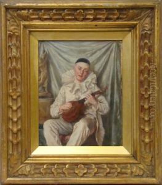 Portrait Of Pierrot The Clown Playing A Lute Oil Painting by Talbot Hughes