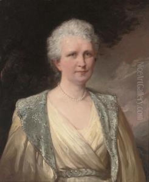 Portrait Of A Lady, Half-length, In A Yellow Dress, Coat And Pearl Necklace Oil Painting by Talbot Hughes