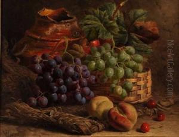 Still Life Study Of Mixed Fruit And Broken Pot On A Raffiamat Oil Painting by William Hughes