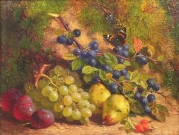 Still Life With Damsons, 
Whitegrapes, Plums, Pears And A Red Admiral Butterfly On A Mossy Oil Painting by William Hughes