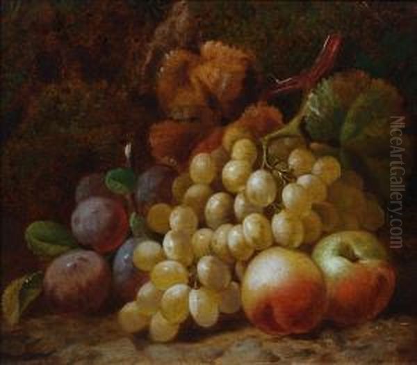 Apples, Plums And Green Grapes Against A Bank Oil Painting by William Hughes