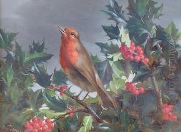 Robin 'midst Holly, 1876 Oil Painting by William Hughes