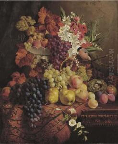 Flowers, Fruit, A Bullfinch And Its Nest Oil Painting by William Hughes