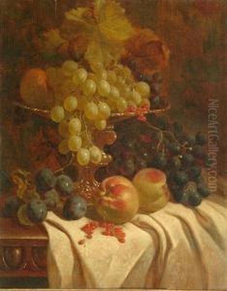 A Still Life Of Grapes In A Silver Comport, With Peaches On A Table Oil Painting by William Hughes