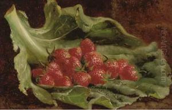 Strawberries On A Leaf Oil Painting by William Hughes