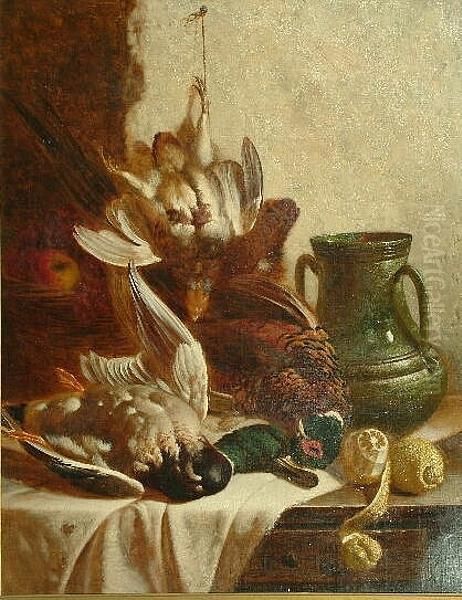 A Still Life Of Game, Fruit And A Large Stoneware Jug On A Cloth Draped Table Oil Painting by William Hughes