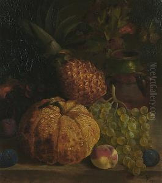 Still Life Of Fruit And An Earthenware Jar On A Ledge Oil Painting by William Hughes