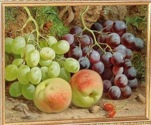 Peaches, Rosehips, Black And Green Grapes Against A Bank Oil Painting by William Hughes