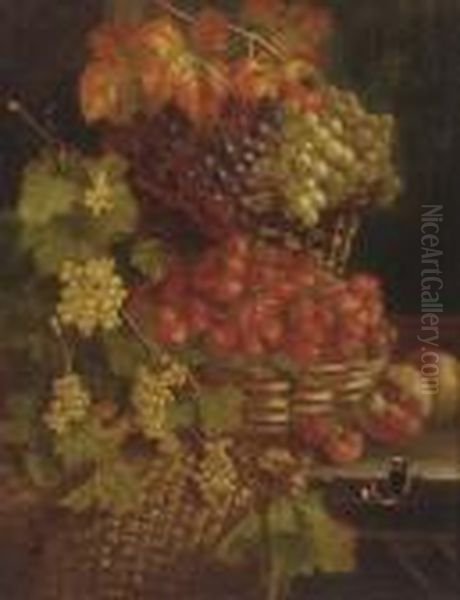 Grapes, Strawberries, 
Whitecurrants, Peaches, And A Red Admiral Butterfly, On A Wooden Ledge Oil Painting by William Hughes