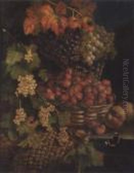 Baskets Of Fruit On A Ledge With A Butterfly Oil Painting by William Hughes