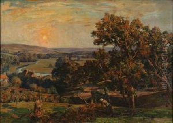 Faggot Gatherer In An Extensive River Valley Landscape Oil Painting by Herbert Hughes Stanton