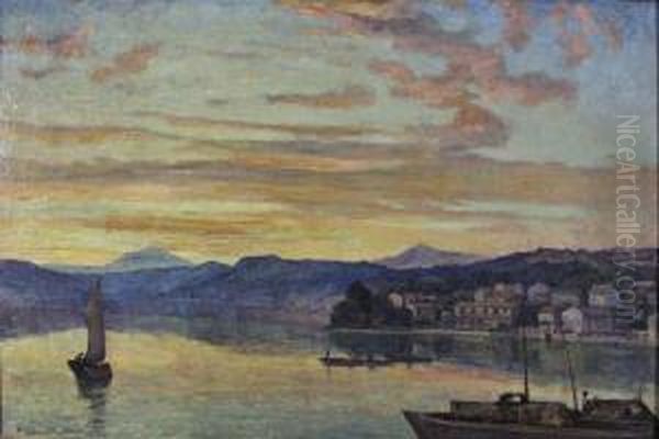 Mediterranean Harbourscene At Sunset Oil Painting by Herbert Hughes Stanton