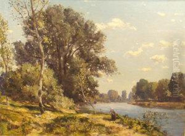 River Landscape With Figures Oil Painting by Herbert Hughes Stanton