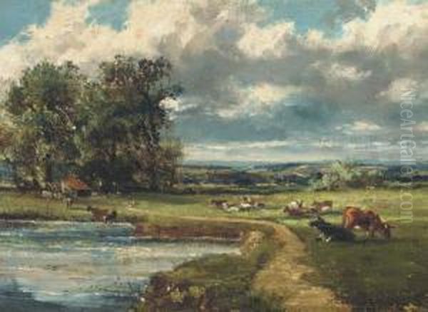 Cattle Grazing By A River Oil Painting by Herbert Hughes Stanton