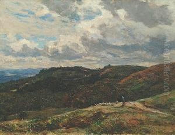 An Extensive Landscape With A Shepherdess And Sheep In The Foreground Oil Painting by Herbert Hughes Stanton