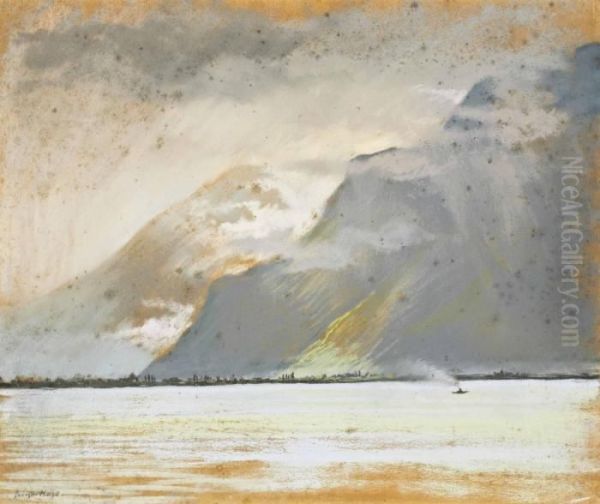 Montagne Sur L'eau Oil Painting by Georges-Victor Hugo